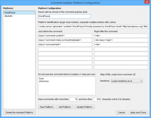 Comment Scraper Settings